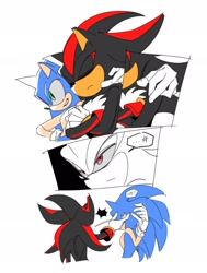 Size: 1450x1914 | Tagged: safe, artist:guitar_00000001, shadow the hedgehog, sonic the hedgehog, 2025, comic, duo, hand on another's shoulder, korean text, simple background, smile, white background