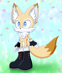 Size: 1700x2000 | Tagged: safe, artist:starshiney-chan, oc, oc:kichirou the fennec fox, 2024, black gloves, blue eyes, boots, ear fluff, fennec, fingerless gloves, fur markings, gloves, looking offscreen, male, neck fluff, oc only, petal, petals, signature, solo, solo male, standing