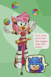 Size: 600x900 | Tagged: safe, artist:kayakin, amy rose, sonic the hedgehog, 2023, ball, dialogue, duo, english text, eyelashes, fangs, female, juggling, lidded eyes, looking offscreen, male, mouth open, open smile, pogo stick, sonic boom (tv), sonic is not amused, speech bubble, text, unamused
