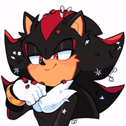 Size: 400x400 | Tagged: safe, artist:qtcakesentry, shadow the hedgehog, hedgehog, 2025, animated, blinking, bug, cheek fluff, chest fluff, cute, flower, gif, ladybug, literal animal, looking offscreen, male, petal, petals, shadowbetes, signature, simple background, smile, solo, solo male, white background