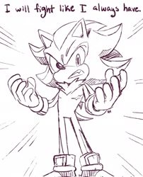 Size: 1658x2048 | Tagged: safe, artist:ls1389, shadow the hedgehog, hedgehog, 2025, dialogue, english text, line art, looking at viewer, male, scar, simple background, solo, solo male, standing, talking, text, top surgery scars, trans boy shadow, trans male, transgender, white background