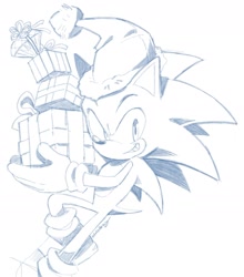 Size: 1668x1893 | Tagged: safe, artist:ls1389, sonic the hedgehog, hedgehog, 2025, christmas, christmas hat, christmas outfit, holding something, looking at viewer, male, monochrome, present, simple background, smiling at viewer, solo, solo male, white background