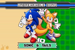 Size: 2048x1365 | Tagged: safe, artist:_callmedante, artist:s0lur, miles "tails" prower, sonic the hedgehog, fox, hedgehog, 2026, 3d, abstract background, blue shoes, clenched fists, collaboration, duo, duo male, english text, looking at viewer, male, males only, posing, redraw, smile, smiling at viewer, sonic advance 3, text, unbreakable bond