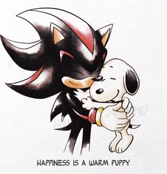 Size: 1966x2048 | Tagged: safe, artist:mamonoworld, shadow the hedgehog, dog, hedgehog, 2026, charlie brown (series), crossover, cute, duo, duo male, english text, eyes closed, hugging, male, males only, shadowbetes, simple background, smile, snoopy (charlie brown), text, watermark, white background, wholesome