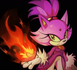 Size: 1700x1547 | Tagged: safe, artist:snzsnl, blaze the cat, cat, 2026, black background, eyelashes, female, fire, flame, frown, looking at viewer, simple background, solo, solo female, standing