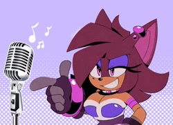 Size: 1192x861 | Tagged: safe, artist:conniesky3, oc, oc:connie the hedgehog, hedgehog, 2023, cleavage, female, gradient background, lidded eyes, microphone, musical note, musical notes, oc only, pointing, smile, solo, solo female, standing