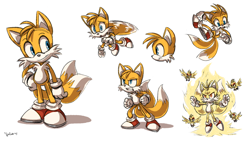 Size: 1200x675 | Tagged: safe, artist:heilos, flicky, miles "tails" prower, super tails, fox, 2024, ambiguous gender, flying, frown, group, male, mid-air, signature, simple background, smile, solo focus, spinning tails, super form, white background