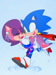 Size: 768x1024 | Tagged: safe, artist:cerberustheterrible, sally acorn, sonic the hedgehog, chipmunk, hedgehog, 2024, alternate outfit, carrying them, clothes, dress, duo, puddle, running, sally x sonic, shipping, straight, watermark