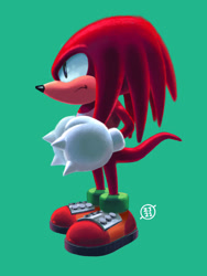 Size: 903x1200 | Tagged: safe, artist:thecongressman1, knuckles the echidna, echidna, 2022, classic knuckles, clenched fists, frown, green background, lineless, looking offscreen, male, side view, signature, simple background, solo, solo male