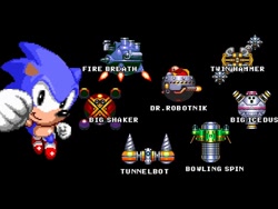 Size: 480x360 | Tagged: safe, robotnik, sonic the hedgehog, human, agender, big iceous, big shaker, black background, bowling spin, character name, classic robotnik, classic sonic, eggmobile, fire, fire breath (robot), flame, group, male, robot, simple background, smile, sonic the hedgehog 3, sprite, text, tunnelbot, twin hammer, youtube thumbnail