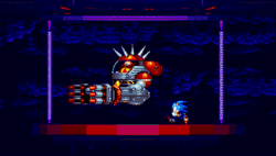 Size: 424x240 | Tagged: safe, artist:ggyas, robotnik, sonic the hedgehog, hedgehog, human, sonic mania, 2021, big arms (boss), classic robotnik, classic sonic, clouds, duo, duo male, fake screenshot, male, pixel art, robot, sonic the hedgehog 3, sprite, style emulation