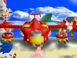 Size: 1024x768 | Tagged: safe, artist:hazard-the-porgoyle, egg pawn, miles "tails" prower, robotnik, sonic the hedgehog, echidna, fox, hedgehog, human, sonic heroes, 2009, agender, badnik, beach, blaster, clouds, daytime, egg hawk, fight, fire, flying, group, island, lineless, male, outdoors, plane, robot, team sonic