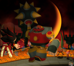 Size: 900x800 | Tagged: safe, artist:hazard-the-porgoyle, amy rose, egg pawn, robotnik, shadow the hedgehog, hedgehog, human, 2009, abstract background, agender, badnik, blaster, cryptic castle, egg breaker, faux 3d, female, fight, group, lineless, male, mechsuit, mid-air, piko piko hammer, robot, shadow the hedgehog (video game), standing