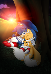 Size: 1598x2328 | Tagged: safe, artist:lightningchaos20, miles "tails" prower, sonic the hedgehog, fox, hedgehog, 2012, abstract background, absurd res, clouds, duo, duo male, eyes closed, grass, hugging, leaning, leaning on them, lidded eyes, looking at them, male, males only, outdoors, sitting, smile, smiling at them, snuggling, star (sky), sunset, tree, unbreakable bond, under a tree