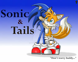 Size: 1280x1023 | Tagged: safe, artist:martyna-chan, miles "tails" prower, sonic the hedgehog, fox, hedgehog, 2011, blushing, character name, deviantart watermark, dialogue, duo, duo male, english text, eyes closed, holding them, hugging, male, males only, obtrusive watermark, standing, text, watermark