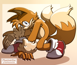 Size: 1300x1100 | Tagged: safe, artist:thatphantomstar, miles "tails" prower, fox, 2026, claws, gloves off, hand on ground, male, pawpads, smile, smiling at viewer, solo, solo male, were form, werefox