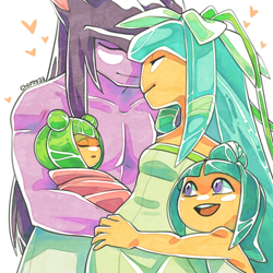 Size: 1000x1000 | Tagged: safe, artist:cheroy, cosmo the seedrian, galaxina the seedrian, seedrian, baby, earthia the seedrian, family, father and child, father and daughter, hugging, lucas the seedrian, mother and child, mother and daughter, siblings, sisters, tablet, younger