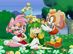 Size: 1700x1250 | Tagged: safe, artist:cheroy, amy rose, cheese (chao), cosmo the seedrian, cream the rabbit, seedrian, best friends, flower crown