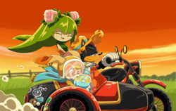 Size: 1800x1136 | Tagged: safe, artist:cheroy, cheese (chao), cosmo the seedrian, cream the rabbit, shadow the hedgehog, chao, hedgehog, rabbit, seedrian, clothes, female, hat, helmet, male, motorcycle, quartet, riding, shirt, sticker, sunset, vehicle