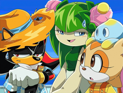 Size: 1320x1000 | Tagged: safe, artist:cheroy, cheese (chao), cosmo the seedrian, cream the rabbit, shadow the hedgehog, chao, hedgehog, rabbit, seedrian, blushing, clothes, female, hat, male, quartet, shirt