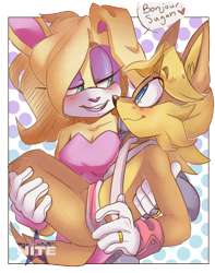 Size: 1500x1900 | Tagged: safe, artist:galaxynite, antoine d'coolette, bunnie rabbot, coyote, rabbit, 2017, blushing, buntoine, carrying them, dialogue, duo, english text, female, looking at each other, male, shipping, speech bubble, straight