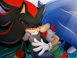 Size: 4160x3120 | Tagged: suggestive, artist:nyctoshing, shadow the hedgehog, sonic the hedgehog, hedgehog, 2016, alternate outfit, alternate universe, au:roomates (meggie-meg), bandana, blushing, clenched teeth, clothes, duo, frown, gay, lidded eyes, pants, shadow x sonic, shipping, shirt, smile