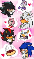 Size: 685x1165 | Tagged: safe, artist:meggie-meg, amy rose, blaze the cat, mephiles the dark, rouge the bat, shadow the hedgehog, silver the hedgehog, sonic the hedgehog, bat, cat, arms folded, blaze x mephiles, blushing, chili dog, chili dog x sonic, crack shipping, female, food, frown, group, hands together, heart, lidded eyes, male, shadouge, shipping, silvamy, smile, straight, sweatdrop, thinking, thought bubble