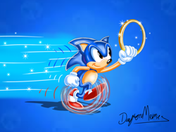 Size: 3000x2250 | Tagged: safe, artist:spongedayron, sonic the hedgehog, hedgehog, 2023, classic sonic, gradient background, greg martin style, holding something, male, ring, running, signature, smile, solo, solo male, style emulation