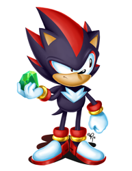 Size: 2550x3300 | Tagged: safe, artist:rancidire, shadow the hedgehog, hedgehog, 2018, chaos emerald, classic shadow, classic style, frown, holding something, looking offscreen, male, shadow (lighting), signature, simple background, solo, solo male, standing, style emulation, white background