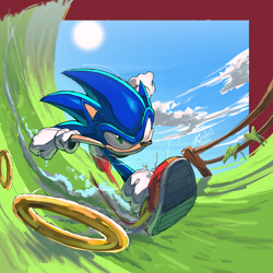 Size: 2500x2500 | Tagged: safe, artist:kornart3, sonic the hedgehog, hedgehog, 2023, abstract background, absurd res, arms out, clouds, daytime, dust clouds, fence, grass, looking ahead, male, outdoors, plant, redraw, ring, running, solo, solo male, sonic dash, sun