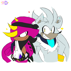 Size: 1280x1280 | Tagged: safe, artist:rowanxd, espio the chameleon, silver the hedgehog, hedgehog, arm around shoulders, bandana, chameleon, chest fluff, duo, duo male, ear fluff, eyebrow clipping through hair, flat colors, headscarf, heart, horns, looking at viewer, male, males only, simple background, smile, smiling at viewer, star (symbol), white background
