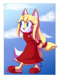 Size: 1000x1300 | Tagged: safe, artist:vamp-o-lanternz, zooey the fox, fox, 2019, abstract background, border, clouds, female, hands behind back, looking offscreen, signature, smile, solo, solo female, standing, tapping foot