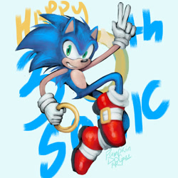Size: 2048x2048 | Tagged: safe, artist:vamp-o-lanternz, sonic the hedgehog, hedgehog, 2021, 30th anniversary, anniversary, holding something, looking at viewer, male, mid-air, ring, signature, smile, smiling at viewer, solo, solo male, v sign