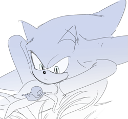 Size: 625x581 | Tagged: safe, artist:guitar_00000001, sonic the hedgehog, 2025, grass, greyscale, hands behind head, literal animal, lying back, lying down, monochrome, simple background, snail, solo, white background