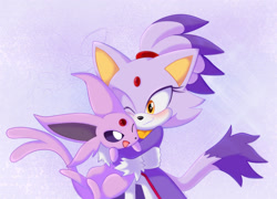 Size: 2200x1587 | Tagged: safe, artist:montyth, blaze the cat, cat, 2025, ambiguous gender, blushing, crossover, duo, espeon, female, gradient background, hugging, looking at each other, one eye closed, pokemon, smile, standing
