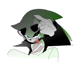 Size: 1761x1553 | Tagged: safe, artist:guitar_00000001, scourge the hedgehog, 2025, looking at viewer, middle finger, piercing, simple background, sitting, solo, tongue out, tongue piercing, white background