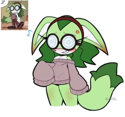 Size: 462x432 | Tagged: suggestive, artist:mepwep, jackal, 2025, alternate outfit, blushing, breasts, cleavage, cross popping vein, female, flat colors, megani the jackal, oversized, reference inset, simple background, solo, solo female, standing, sweater, white background