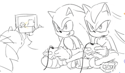 Size: 653x383 | Tagged: safe, artist:guitar_00000001, shadow the hedgehog, sonic the hedgehog, 2025, duo, greyscale, kirby, monochrome, playing videogame, simple background, sitting, sketch, smile, white background