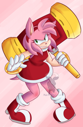 Size: 710x1080 | Tagged: safe, artist:mukitsune, amy rose, hedgehog, 2015, female, fighting pose, frown, gradient background, holding something, looking at viewer, piko piko hammer, posing, solo, solo female, standing, watermark