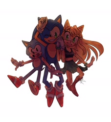 Size: 1700x1870 | Tagged: safe, artist:theemuemi, sonic the hedgehog, oc, oc:emi jones, hedgehog, 2017, classic sonic, female, holding hands, male, self paradox, simple background, smile, smiling at viewer, trio, white background, wink
