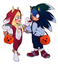Size: 942x1043 | Tagged: safe, artist:theemuemi, sonic the hedgehog, oc, oc:emi jones, hedgehog, 2017, basket, blushing, canon x oc, chocolate, duo, emi x sonic, female, food, halloween, holding something, kigurumi, looking at each other, male, shipping, simple background, smile, smiling at each other, straight, white background