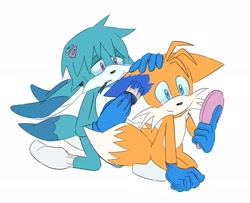 Size: 2048x1664 | Tagged: safe, artist:jamoart, kit the fennec, miles "tails" prower, oc, oc:blails the fox, fox, 2026, blue gloves, blue sclera, duo, duo male, fennec, flat colors, gloves, hair clip, holding something, kneeling, lidded eyes, male, males only, mirror, mouth hold, paint, paintbrush, shoes off, simple background, smile, socks, white background