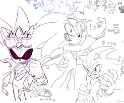 Size: 953x791 | Tagged: safe, artist:guitar_00000001, maria robotnik, scourge the hedgehog, shadow the hedgehog, super scourge, human, 2025, chinese text, crown, grin, group, heart, looking at viewer, monochrome, sharp teeth, simple background, sketch, smile, standing, super form, white background