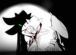 Size: 1561x1142 | Tagged: semi-grimdark, artist:guitar_00000001, mephiles the dark, shadow the hedgehog, sonic the hedgehog, sonic the hedgehog (2006), 2025, blood, blood on face, greyscale, hands behind head, looking at each other, looking at them, monochrome, smile, trio
