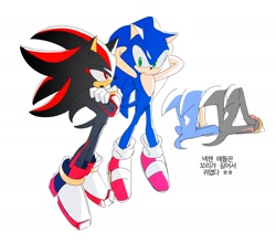 Size: 2000x1763 | Tagged: safe, artist:guitar_00000001, shadow the hedgehog, sonic the hedgehog, 2025, arms folded, duo, from behind, hands behind head, korean text, looking at each other, looking at them, simple background, sitting, white background