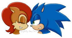 Size: 1090x570 | Tagged: safe, artist:torykitty, sally acorn, sonic the hedgehog, chipmunk, hedgehog, 2025, blushing, duo, looking at each other, sally x sonic, shipping, simple background, straight