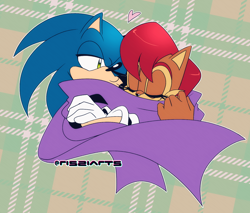 Size: 1530x1304 | Tagged: safe, artist:risziarts, sally acorn, sonic the hedgehog, chipmunk, hedgehog, 2025, abstract background, duo, heart, looking at them, sally x sonic, scarf, shipping, straight
