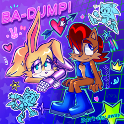 Size: 1200x1200 | Tagged: safe, artist:blueberry-chick, antoine d'coolette, bunnie rabbot, sally acorn, sonic the hedgehog, chipmunk, coyote, hedgehog, rabbit, 2025, abstract background, arrow, buntoine, duo focus, english text, female, heart, male, ponytail, quartet, roboticized, sally x sonic, sally's vest and boots, shipping, sparkle, straight