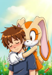Size: 1179x1670 | Tagged: safe, ai art, artist:mobians.ai, cream the rabbit, human, blushing, child, comforting, creamabetes, happy, hug, hugging from behind, sad