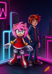 Size: 1179x1684 | Tagged: safe, ai art, artist:mobians.ai, amy rose, human, building, child, city, male, neon, neon city, skyscraper